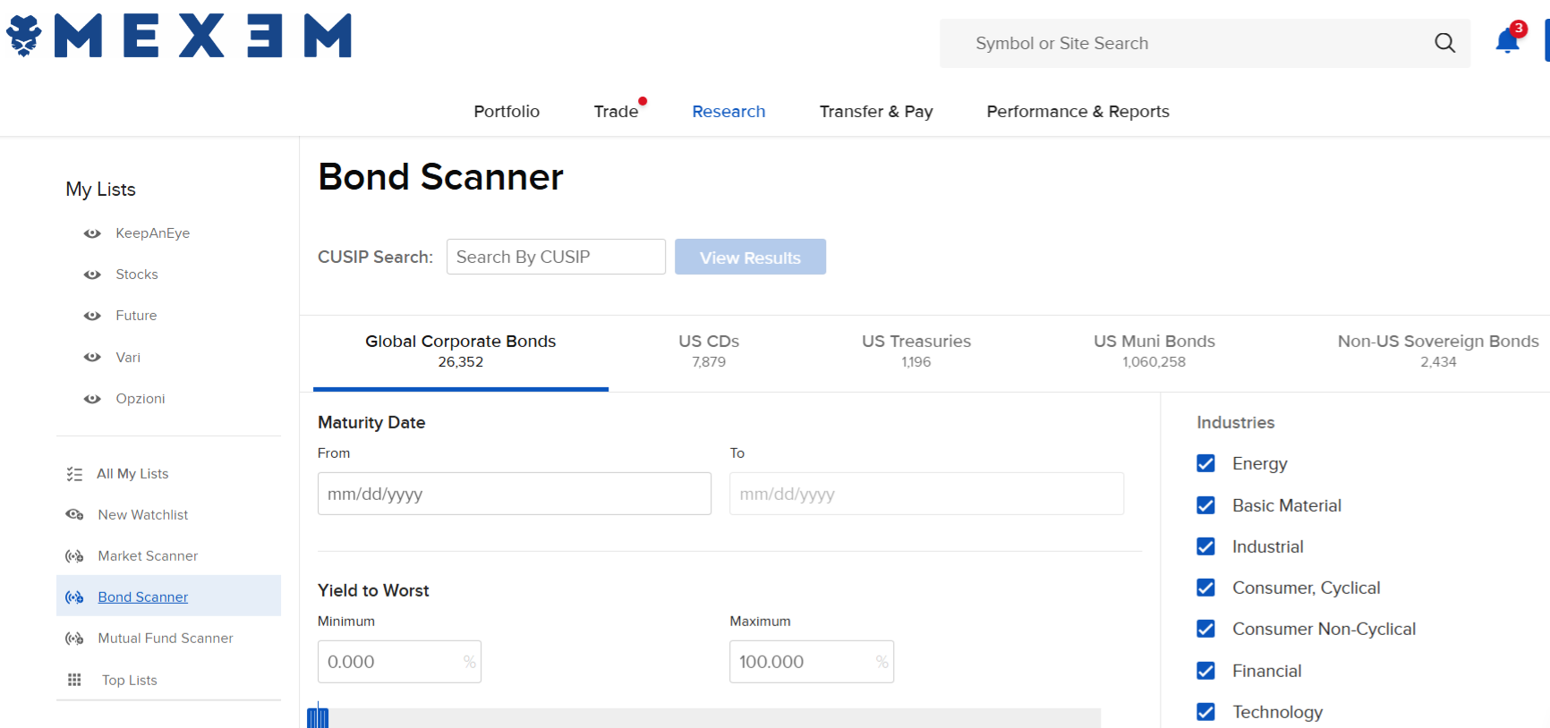 MEXEM Client Portal Bond Scanner filtering Global Corporate Bonds by maturity date, yield to worst and industry