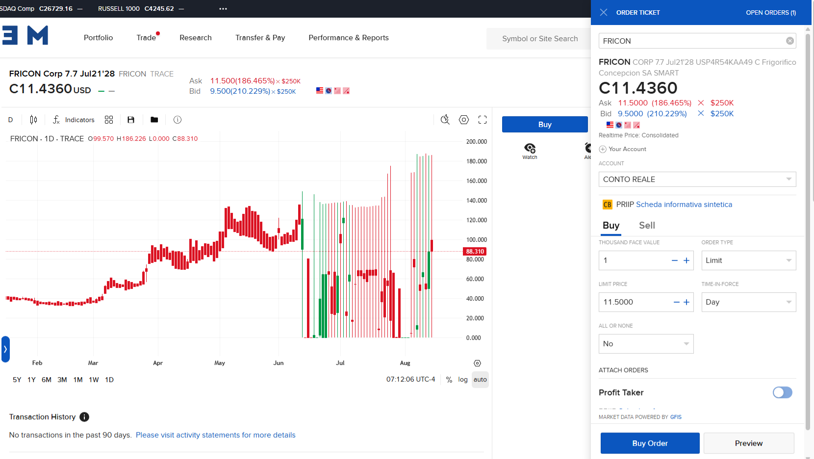 MEXEM order ticket for a corporate bond showing face value, order type, limit price and time-in-force