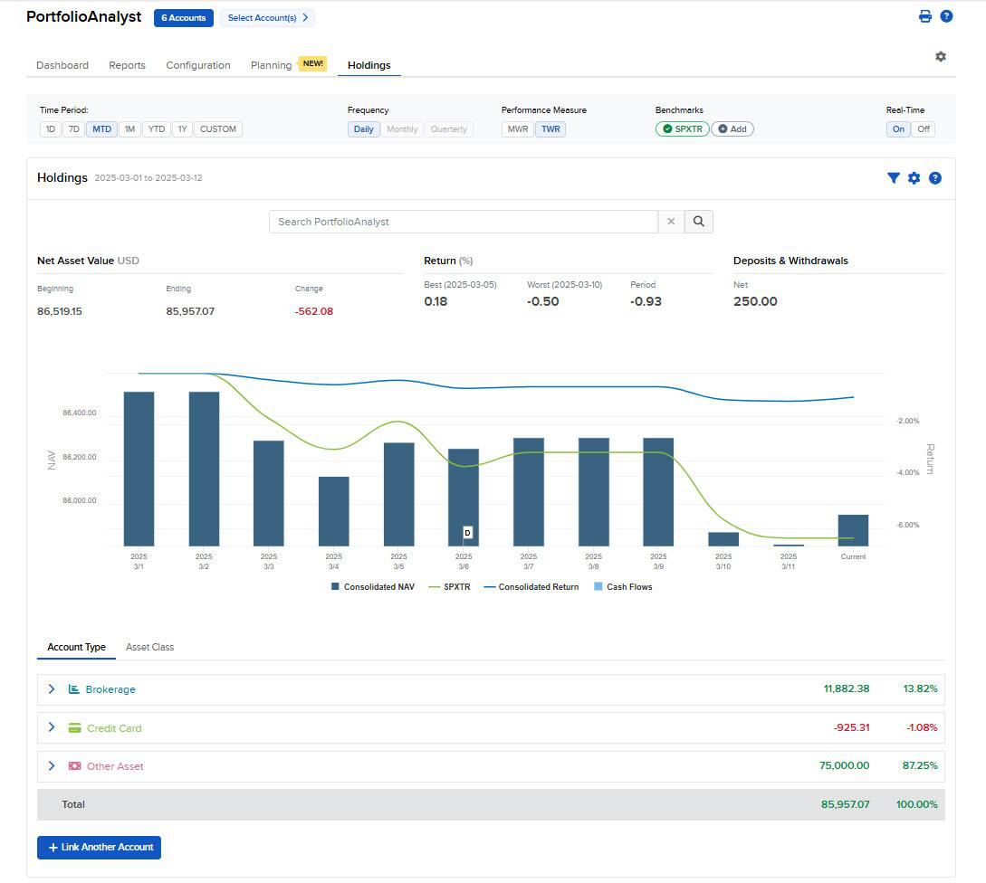 MEXEM PortfolioAnalyst Holdings tab showing net asset value, return versus benchmark and a breakdown by account type