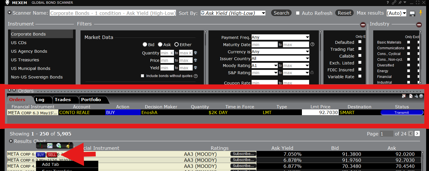 MEXEM Trader Workstation Global Bond Scanner with a right-click Buy/Sell menu and the resulting order in the Orders panel routed to SMART