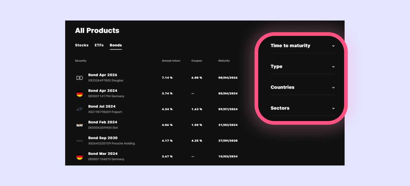 Trade Republic bonds search filters.